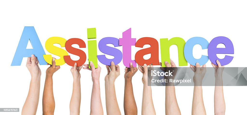 Multi-Ethnic Hands Holding Colorful Letters To Form Assistance Advice Stock Photo