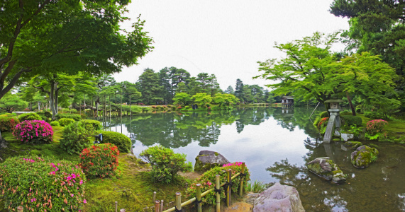 Panoramic photo of a japanese garden with flowers, trees, lake, rocks and stone lantern standing in water, filtered and stylized to resemble an oil painting