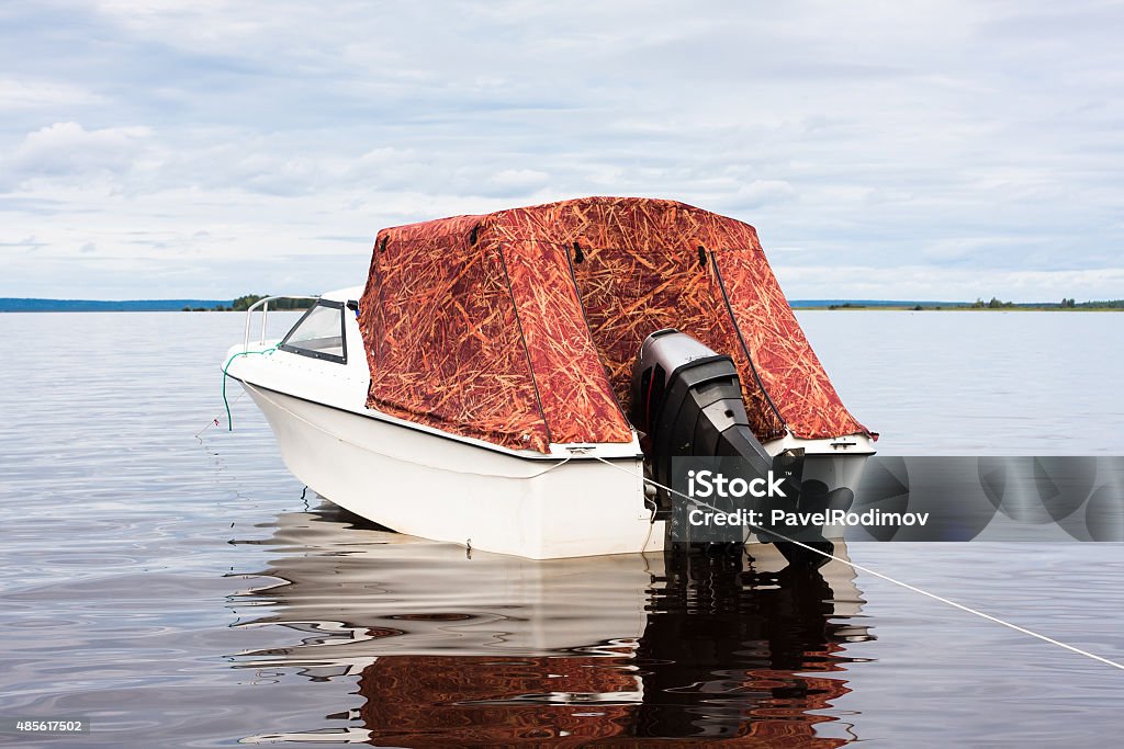 the motor boat the motor boat at anchor in the harbour 2015 Stock Photo