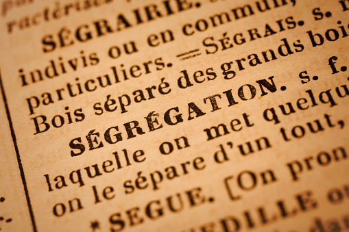 Close up of the word SEGREGATION in an old French dictionary. Selective focus and Canon EOS 5D Mark II with MP-E 65mm macro lens.