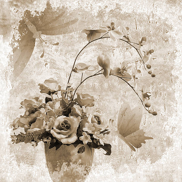 Roses in a vase with butterfly on vintage background