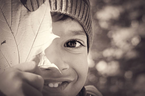 A little boy holding an autumn leaf in front of his face and shyly peeking from behind it (shallow DOF with focus on his face).Mixed race person.