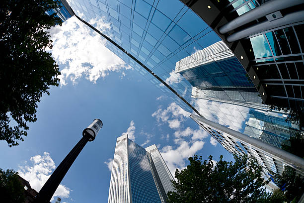 Skyscrapers facade, low-angle view, back lit, fish-eye lens - Frankfurt, financial district