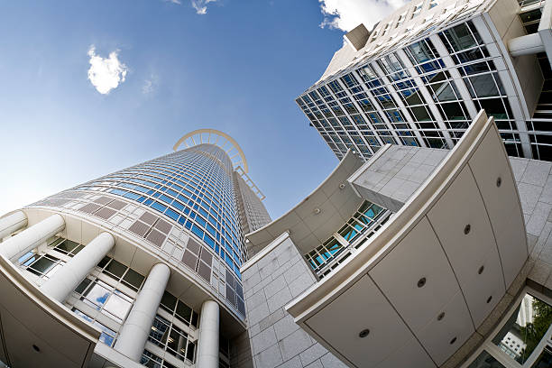istock Skyscrapers facade, low-angle view, back lit, fish-eye lens 485629064