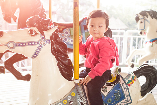 Close-up of a plastic horse of a carousel horses or merry-go-round (supported by a pole and with feathers on the head), isolated on white background. Italy, Europe.