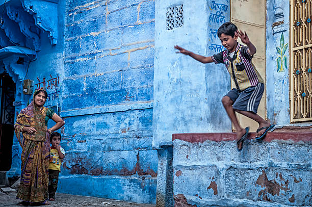 Local Indian family having fun in Blue City, Jodhpur stock photo