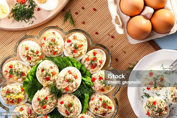 Stuffed Eggs With Ham Red Pepper And Dill Stock Photo - Download Image Now - Animal Egg, Appetizer, Beauty