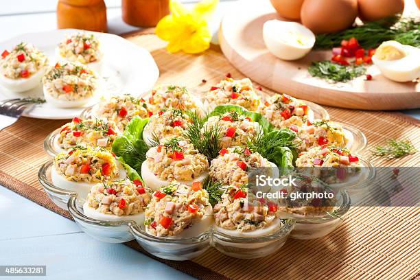 Stuffed Eggs With Ham Red Pepper And Dill Stock Photo - Download Image Now - Animal Egg, Appetizer, Beauty