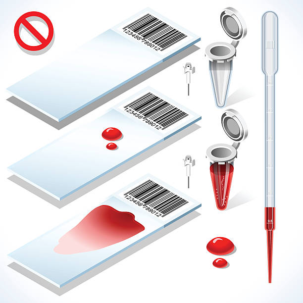 Laboratory Set 01 Object Isometric Hematology Test Kit 3D Isometric Set. Laboratory Equipment for Medical Analysis or Scientific Translational Research. White Slides Blood Sample Filled Tube Empty Eppendorf and Pipette microscope slide stock illustrations