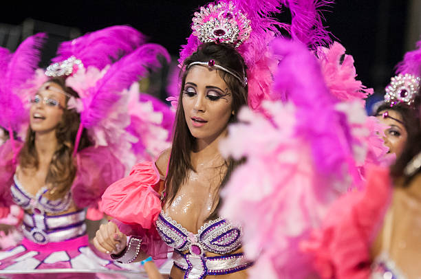 Carnival Parade Florianópolis, Santa Catarina, Brazil - March 2, 2014: Members of a local samba school called Unidos da Coloninha, performing during the Carnaval of Florianópolis in downtown city mardi gras body painting stock pictures, royalty-free photos & images