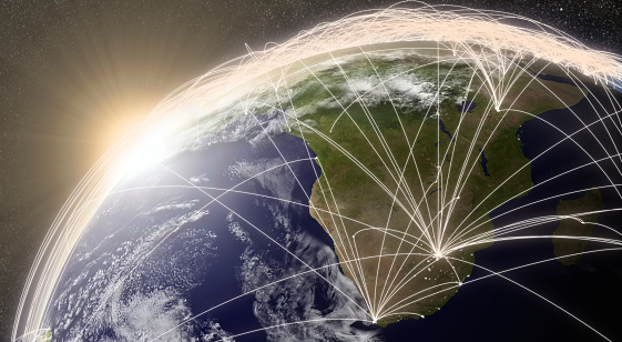 South Africa region with network representing major air traffic routes. Elements of this image furnished by NASA.