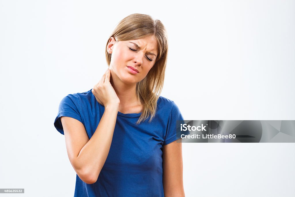 Neck pain Young woman is having neck pain. Neckache Stock Photo