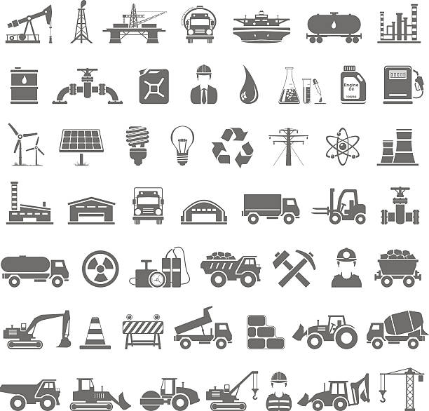 Black Icons - Industry, Energy, Construction Industry, energy and construction icon set construction vehicle stock illustrations