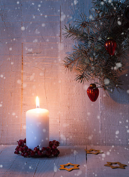 istock Fir branch, candle and  Christmas decorations 485635576