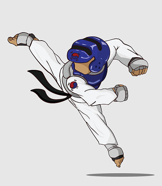 illustrazioni stock, clip art, cartoni animati e icone di tendenza di taekwondo.  arte marziale - kicking tae kwon do martial arts flying