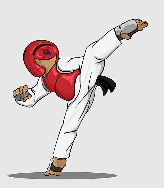 ilustraciones, imágenes clip art, dibujos animados e iconos de stock de taekwondo.  arte marcial - kicking tae kwon do martial arts flying