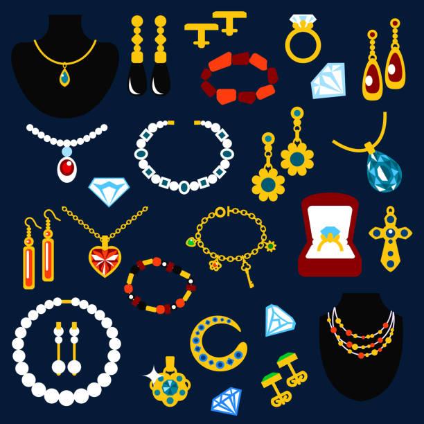 jewelry, 보석 평편 아이콘 - necklace jewelry heart shape gold stock illustrations