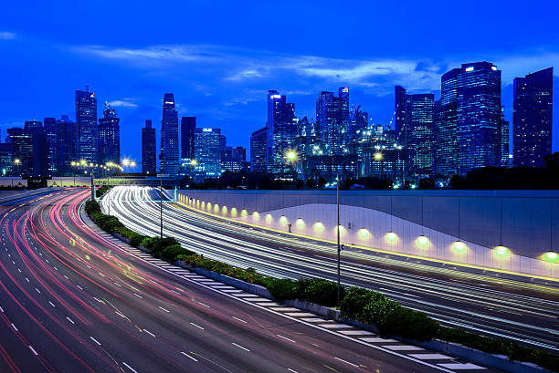 istock Friday Night - Light Trails with City in Background 485641666