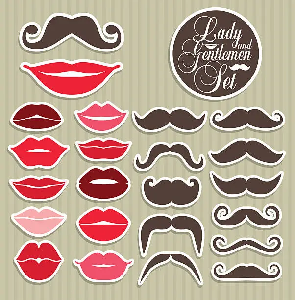 Vector illustration of Stikers collection of moustaches and lips.