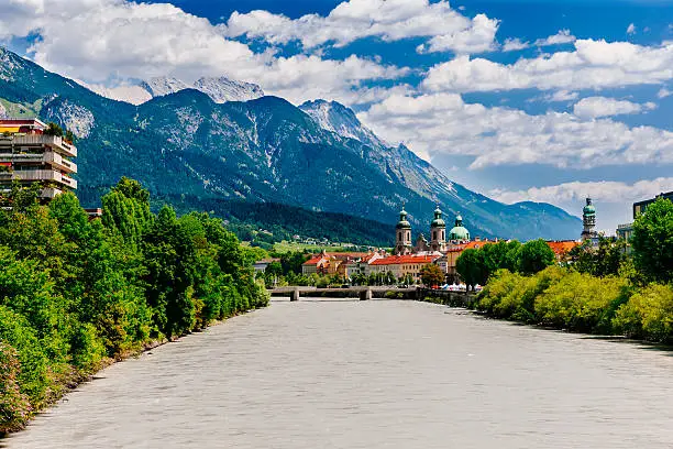 City of Innsbruck in the Tirol region of Austria. The twin domes of Innsbruck Cathedral are just right of centre.