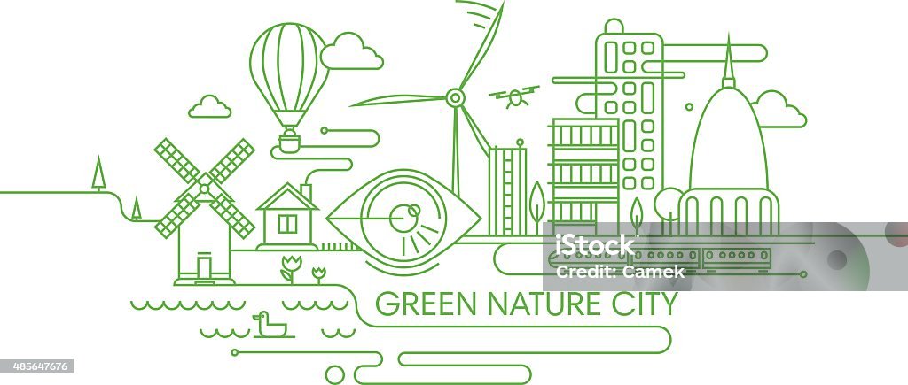 Green future city illustration. Abstract line illustration of city inoovaitons from past to future, with windmill, hot air balloon, buildings and drone. City stock vector