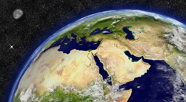 Middle East on planet Earth Middle East region on planet Earth from space with Moon and stars in the background. Elements of this image furnished by NASA. north africa stock pictures, royalty-free photos & images