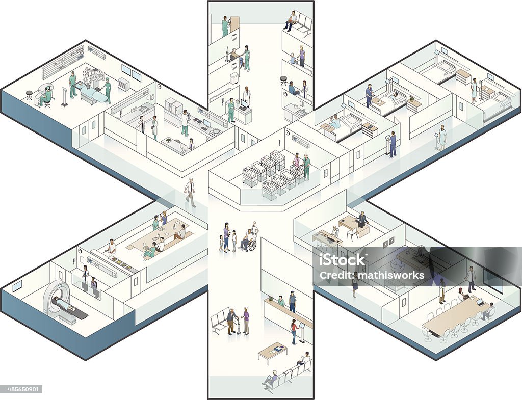 Hospital Cutaway-Darstellung, mit sternförmigen - Lizenzfrei Isometrische Darstellung Vektorgrafik
