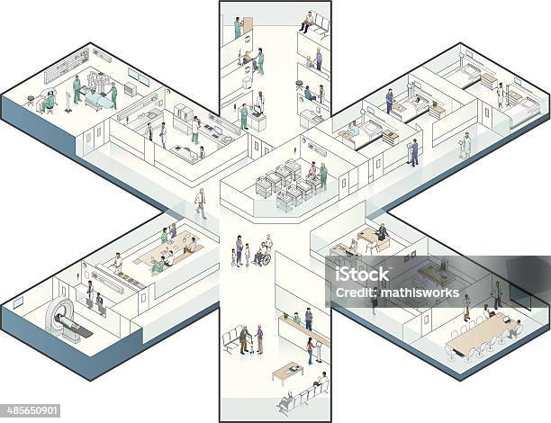 Hospital Cutawaydarstellung Mit Sternförmigen Stock Vektor Art und mehr Bilder von Isometrische Darstellung - Isometrische Darstellung, Krankenhaus, Büro