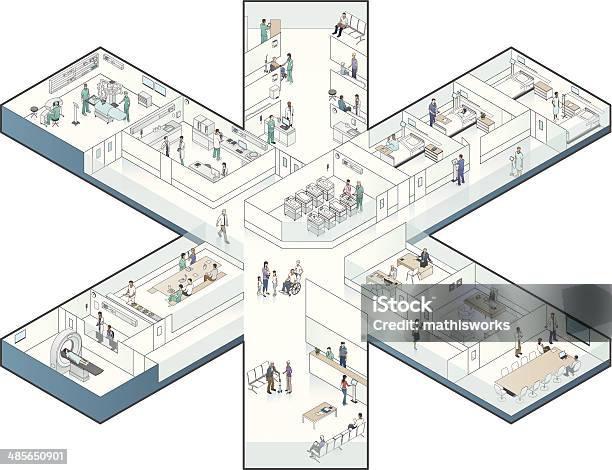 Szpital Cutaway Ilustracja Kształcie Gwiazdy - Stockowe grafiki wektorowe i więcej obrazów Rzut izometryczny - Rzut izometryczny, Szpital, Biuro