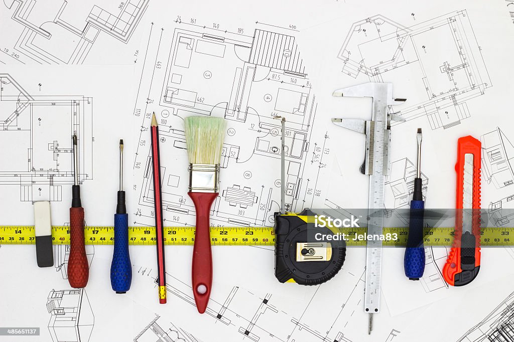 house restoration house restoration, blueprints and tools Architecture Stock Photo