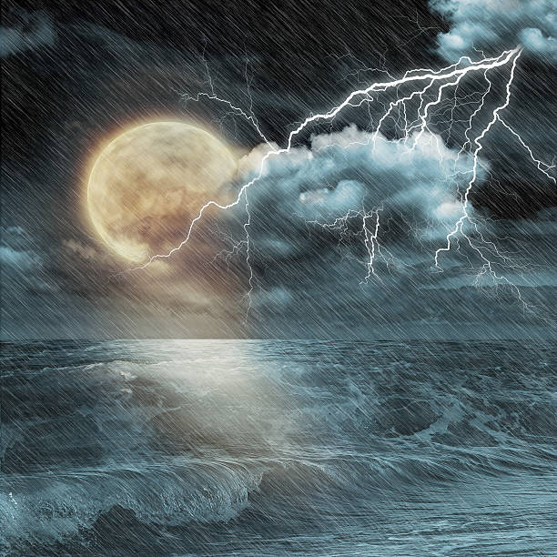 istock Boat in storm  evening on ocean and the moon 485651141