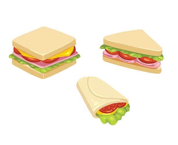 Sandwiches Set of three delicious sandwich illustrations: rectangle, triangle and wrap. sandwich club sandwich lunch restaurant stock illustrations