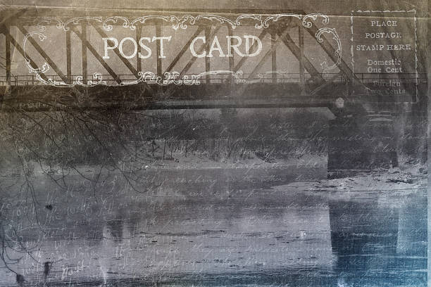 Old post card, vintage, grunge, Metal rail road bridge, Quebec, Canada