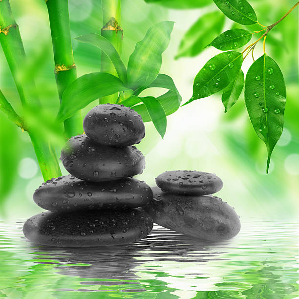 istock spa Background -  black stones and bamboo on water 485653483
