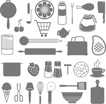 A set of simple kitchen utensils and food-related icons.
