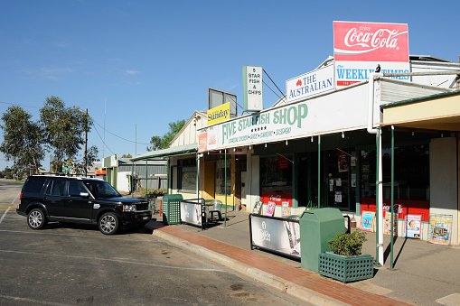 Manangatang, Australia - March 30, 2014: General store, newsagent and cafe in the remote settlement of Manangatang, Victoria, Australia. The town is sustained by farming, primarily wheat and sheep. A rail connection allows the wheat to be stored in granaries for onward shipment.