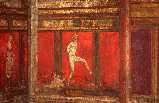 Painting in the Mysteries Villa in the ancient roman city of Pompei, Campania, Italy