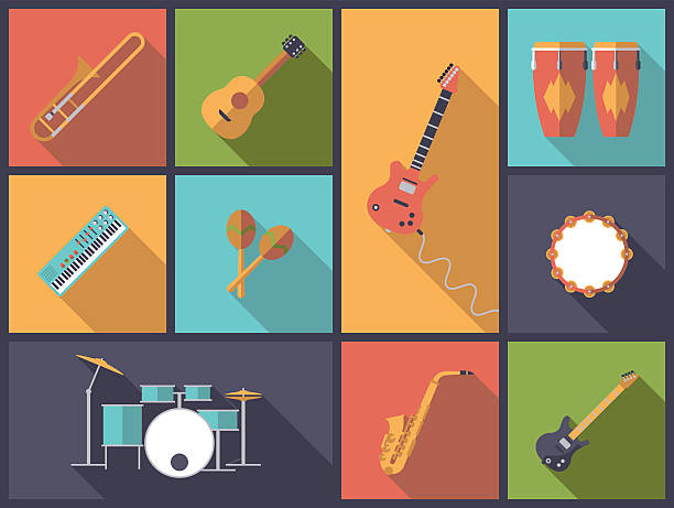 musikinstrumente für pop, rock und jazz-icons, vektor-illustration. - variety stock-grafiken, -clipart, -cartoons und -symbole