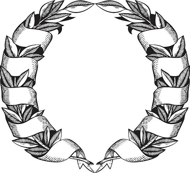 Laurel Wreath Ink Drawing Abstract decorative frame with leaves and ribbons contour black and white drawing. Hand drawn isolated border. Copy space. White background. Vector file is EPS8. crown of laurels stock illustrations