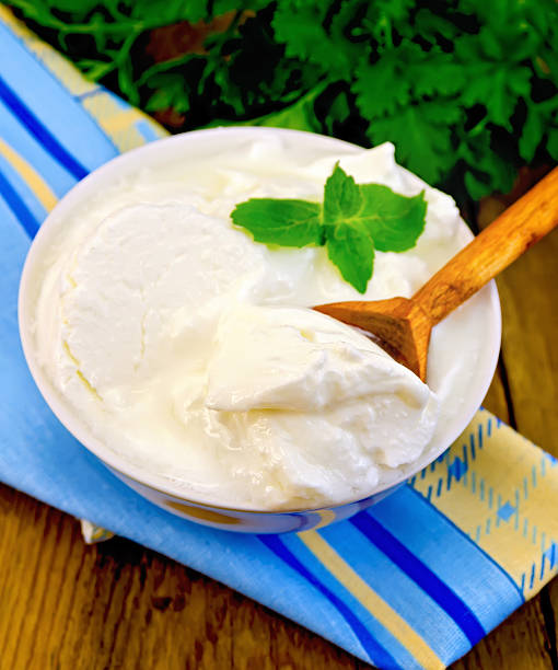 istock Yogurt in a white bowl with a wooden spoon and mint 485658111