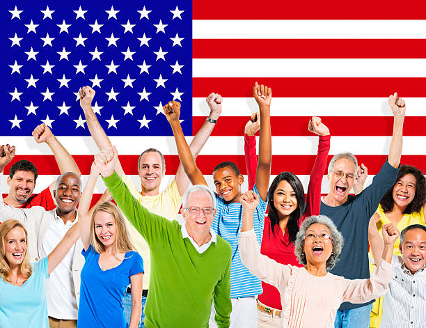 istock Group Of Multi-Ethnic People Celebrating with American Flag 485658207
