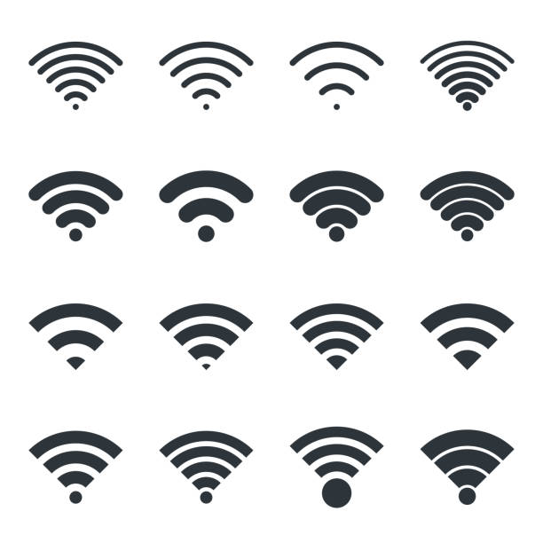 Vector black wireless icons set Black wireless icons vector set telecommunications equipment stock illustrations