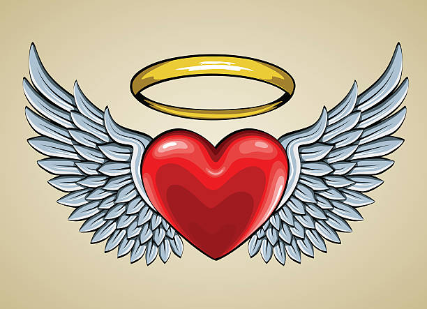 ilustrações, clipart, desenhos animados e ícones de coração vermelho com asas de anjo e halo - human heart red vector illustration and painting