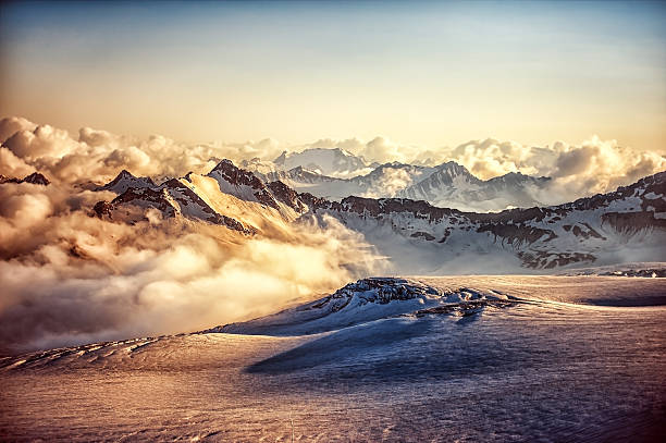 mountain ridge of Western Caucasus at sunset or sunrise stock photo