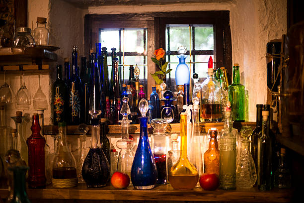 istock Retro Styled Spirit Bottles in Old Cellar, Europe 485667948
