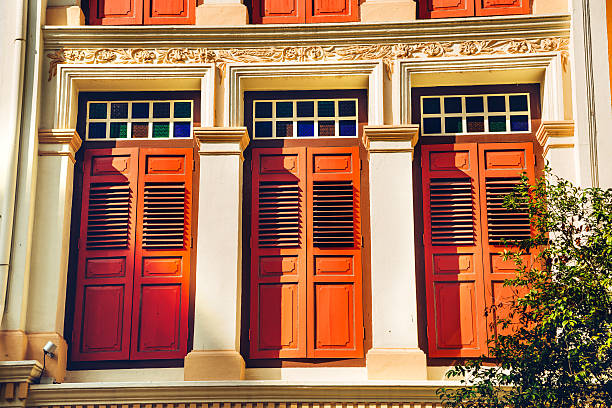 Pastel pink yellow colorful shutter windows architecture exterior of house in Florida beach home apartment building closeup