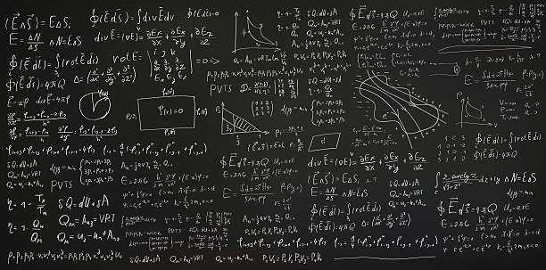 handgeschriebene formeln und equations, auf schwarzem hintergrund - mathematical symbol mathematics formula blackboard stock-grafiken, -clipart, -cartoons und -symbole