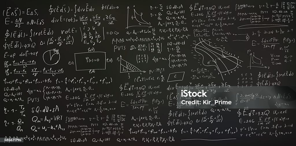 Escrito a mano fórmulas y ecuaciones sobre fondo negro - arte vectorial de Pizarra - Medios visuales libre de derechos