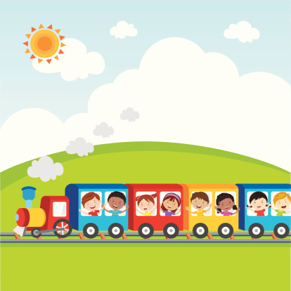 Vector illustration of diversity kids on circus train waving their hands.