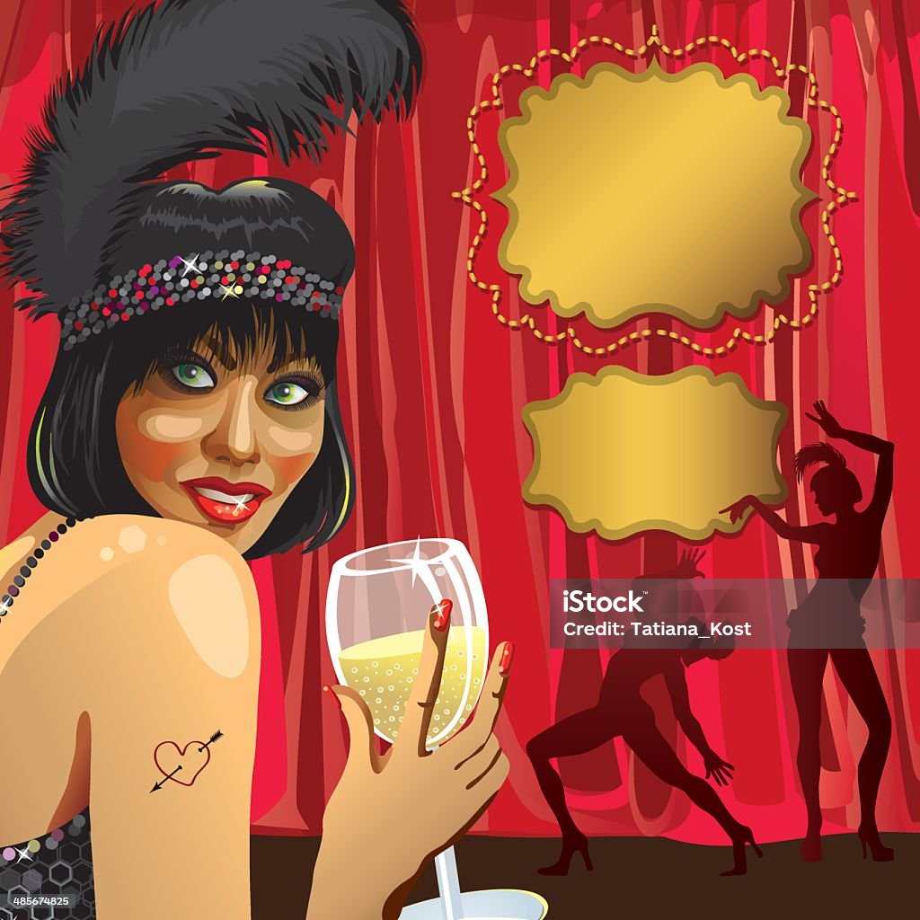 Chica divertida con vidrio de champagne.Cabaret Bar dancers - arte vectorial de Actriz libre de derechos